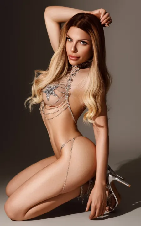 Adagio kneeling down in her glittery lingerie as she looks at you with a yearning gaze