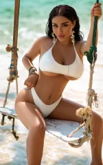 Leila wearing a white underwear set on a swing 